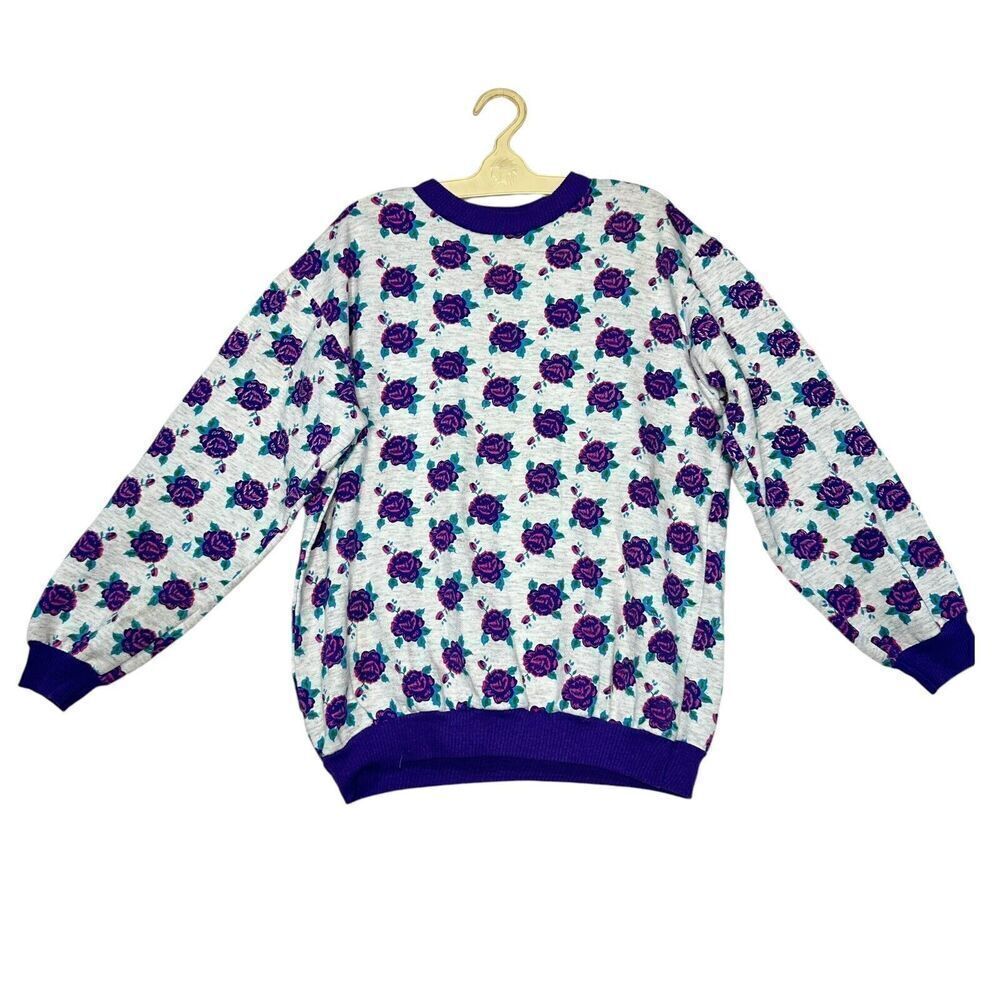 VINTAGE D.A.Y Sweatshirt Youth Girls Large 14 Purple Grey Floral‎ Print